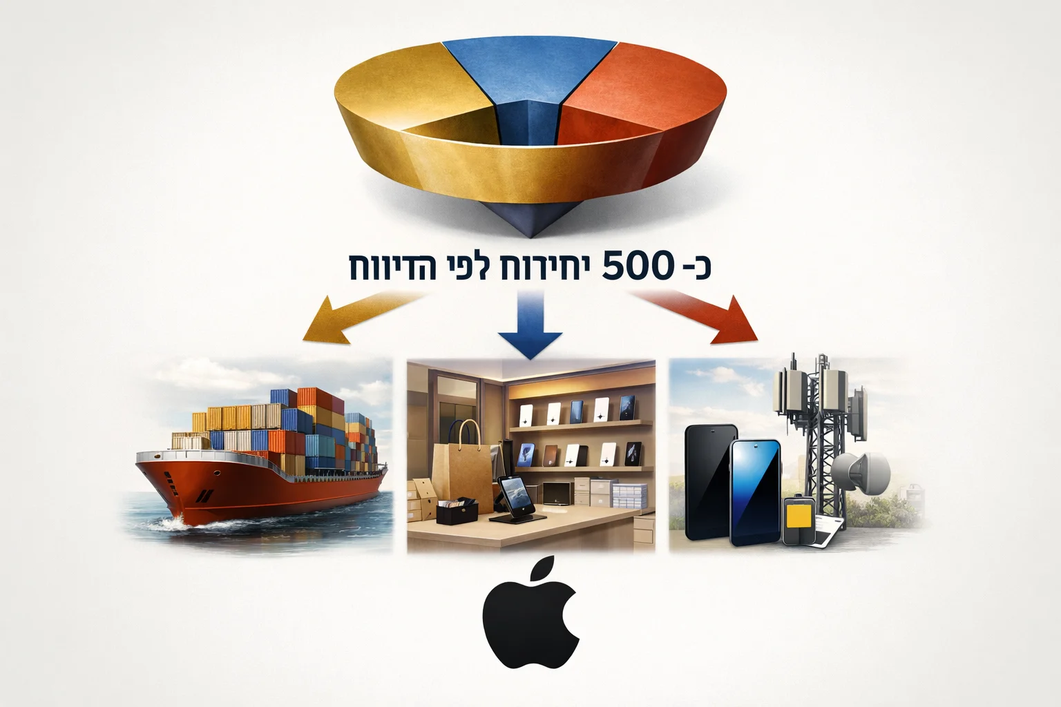 איור להמחשה: איור AI גרפי מובהק: תרשים הקצאה קטן המתפצל לערוצי יבוא, שיווק וסלולר בישראל, עם הכיתוב ״כ־500 יחידות לפי הדיווח״. לוגו אפל האותנטי ישולב כנכס נפרד בפרופורציות המקוריות. ללא הדמיית עיצוב המכשיר שלא סופק לו ייחוס חזותי.