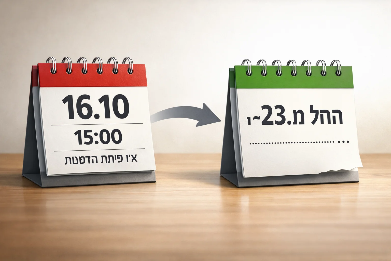 איור להמחשה: איור AI שטוח של שני כרטיסי לוח שנה: פתיחת ההזמנות ב־16.10 בשעה 15:00, ומולה כרטיס ״החל מ־23.10״ עם קו המשך פתוח. ללא חנות, לקוחות או אירוע מבוים.