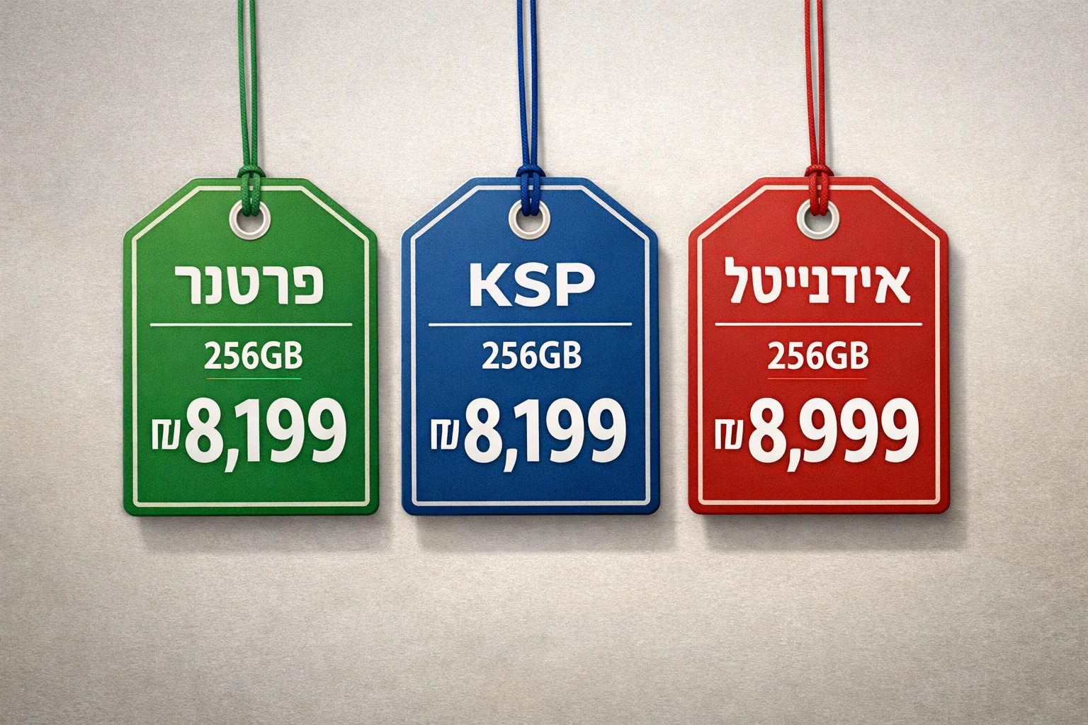 איור להמחשה: איור AI אינפוגרפי של תגי מחיר לדגם 256GB: פרטנר ו־KSP עם 8,199 שקלים, ואיידיגיטל עם 8,999 שקלים. שמות המשווקים בטקסט רגיל, ללא לוגואים מומצאים וללא צילום מוצר.