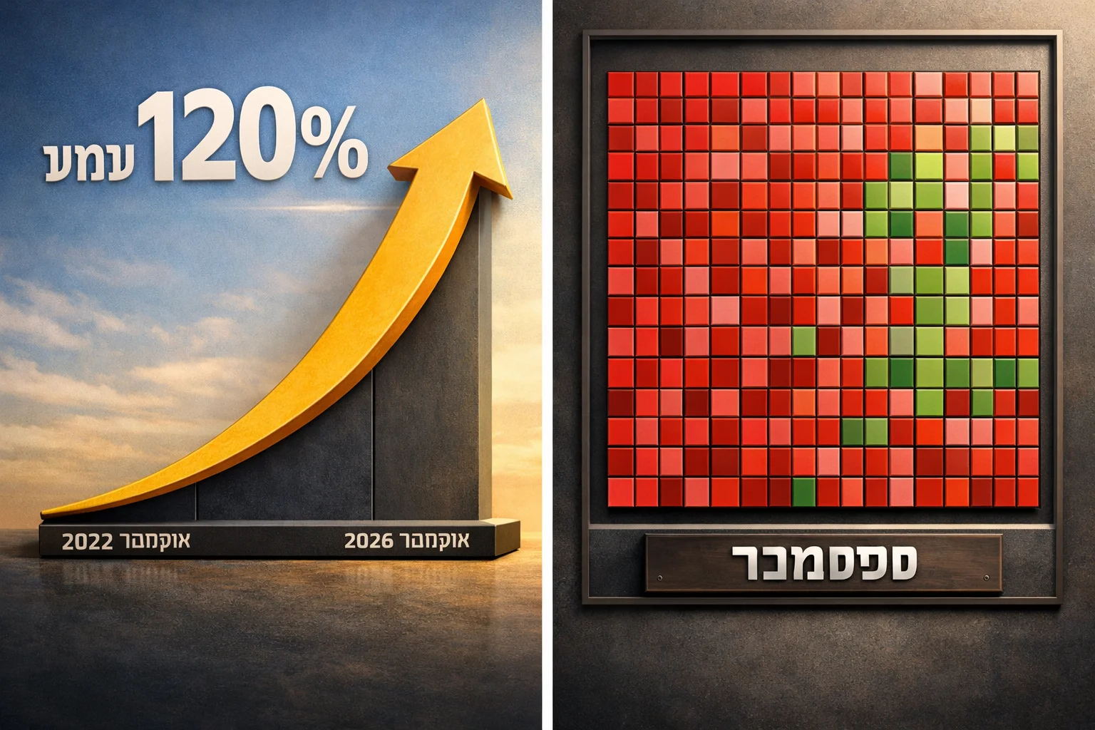 איור להמחשה: איור מערכתי מופשט: ציר בין אוקטובר 2022 לאוקטובר 2026, סימון עלייה מצטברת של כמעט 120% לצד פסיפס מניות שרובו אדום המסומן במפורש כספטמבר. ללא גרף מחירים מומצא וללא דמויות.