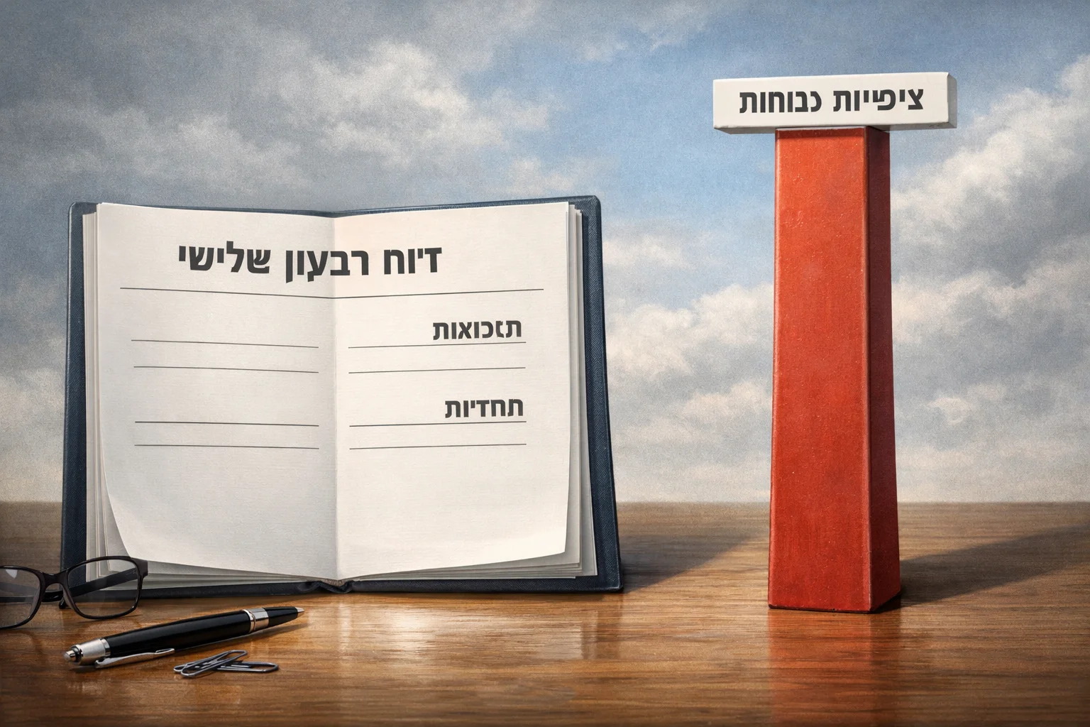 איור להמחשה: איור מושגי של דוח רבעוני פתוח מול רף ציפיות, עם כותרות בלבד וללא הכנסות, רווחים או תוצאות מומצאים.