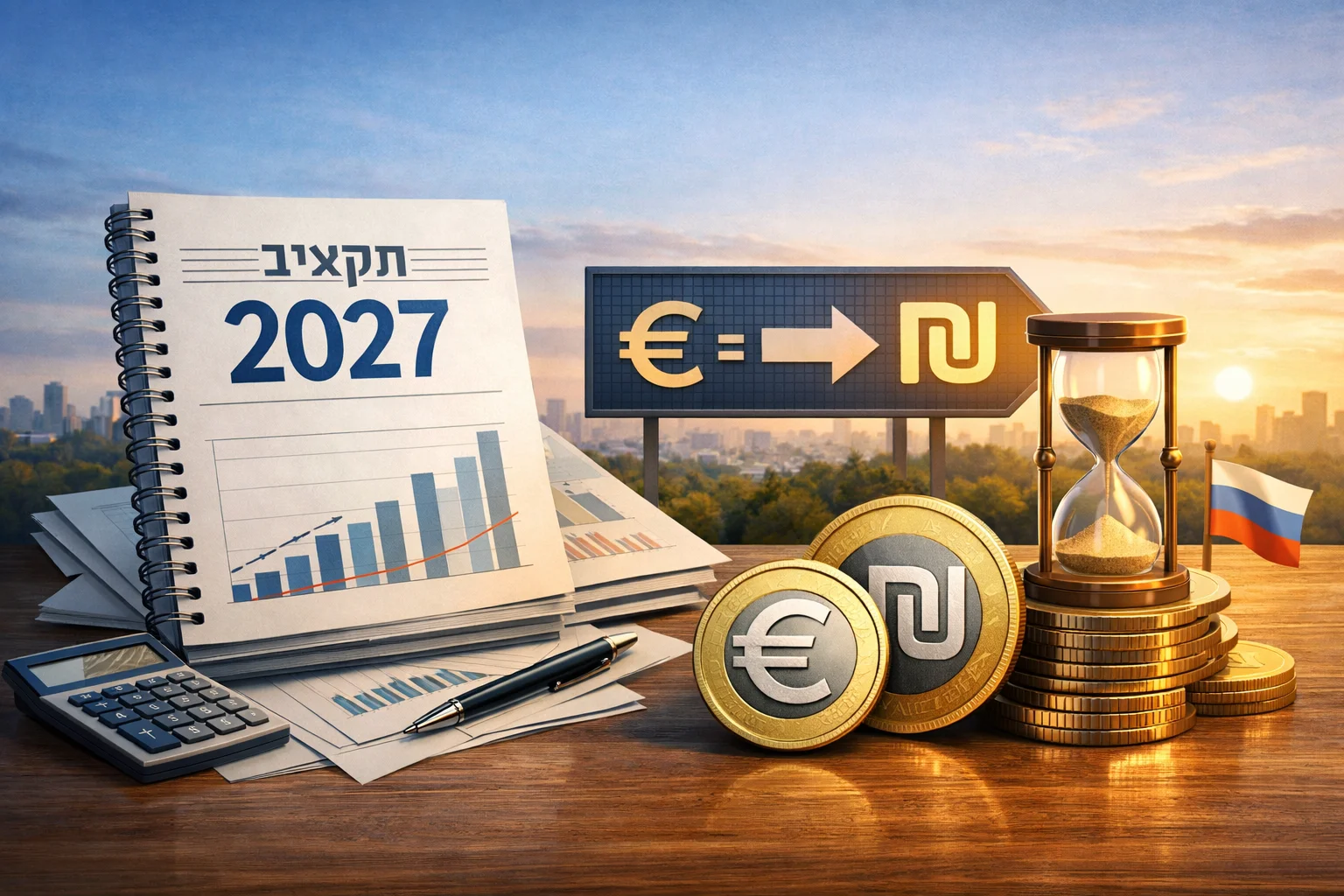 איור להמחשה: איור מושגי לא תיעודי: קומפוזיציה רחבה של רכיבי הידיעה: מסמך תקציב 2027; יעד אימוץ המטבע. חפצים ורכיבים בלבד, ללא אנשים, פנים, ידיים, חלקי גוף או צלליות; ללא הדמיית אירוע.