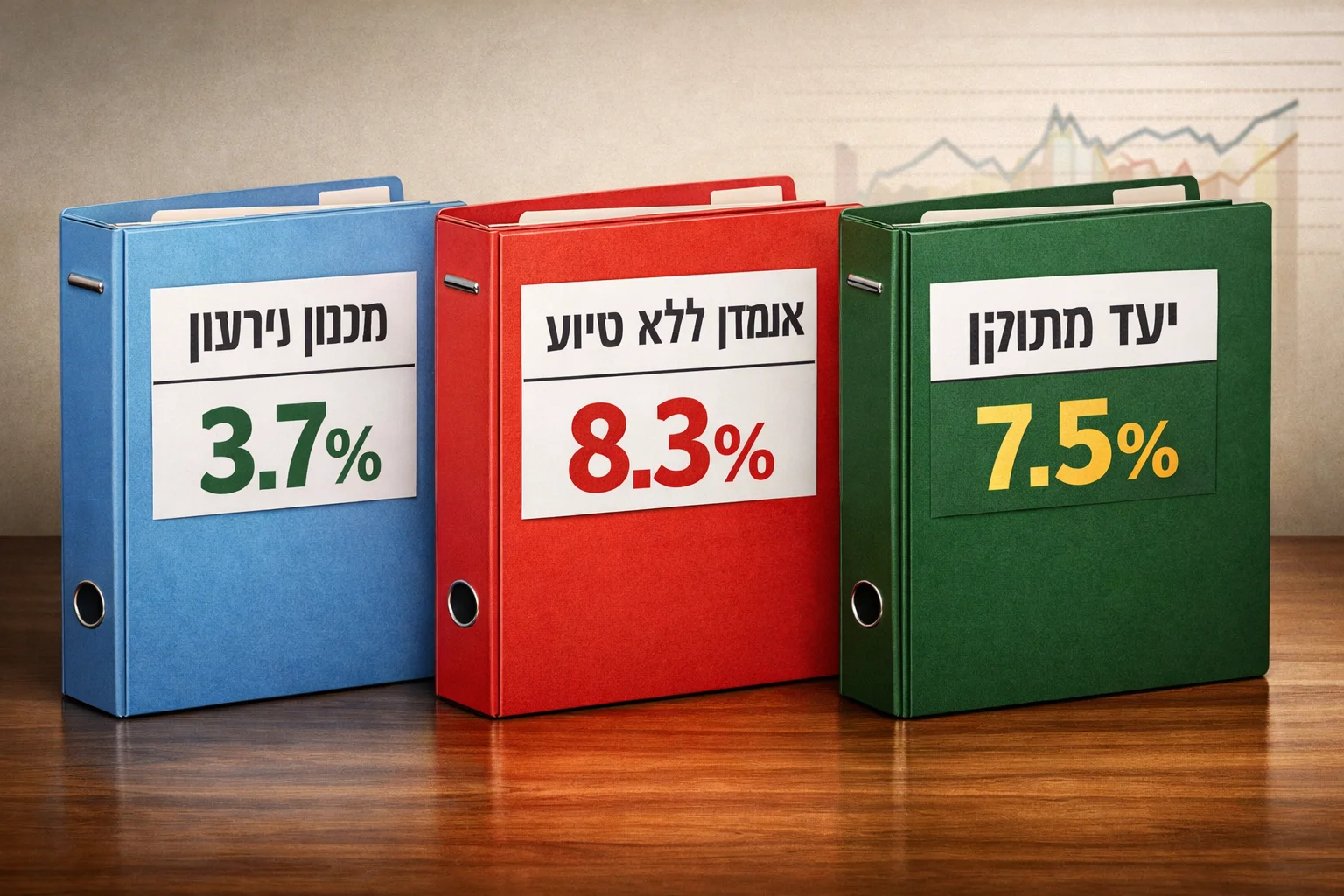 איור להמחשה: איור אינפוגרפי של שלוש תיקיות נפרדות: תכנון גירעון 3.7%, אומדן ללא סיוע 8.3% ויעד מתוקן 7.5%. ללא דמויות וללא מצג של נתוני ביצוע.