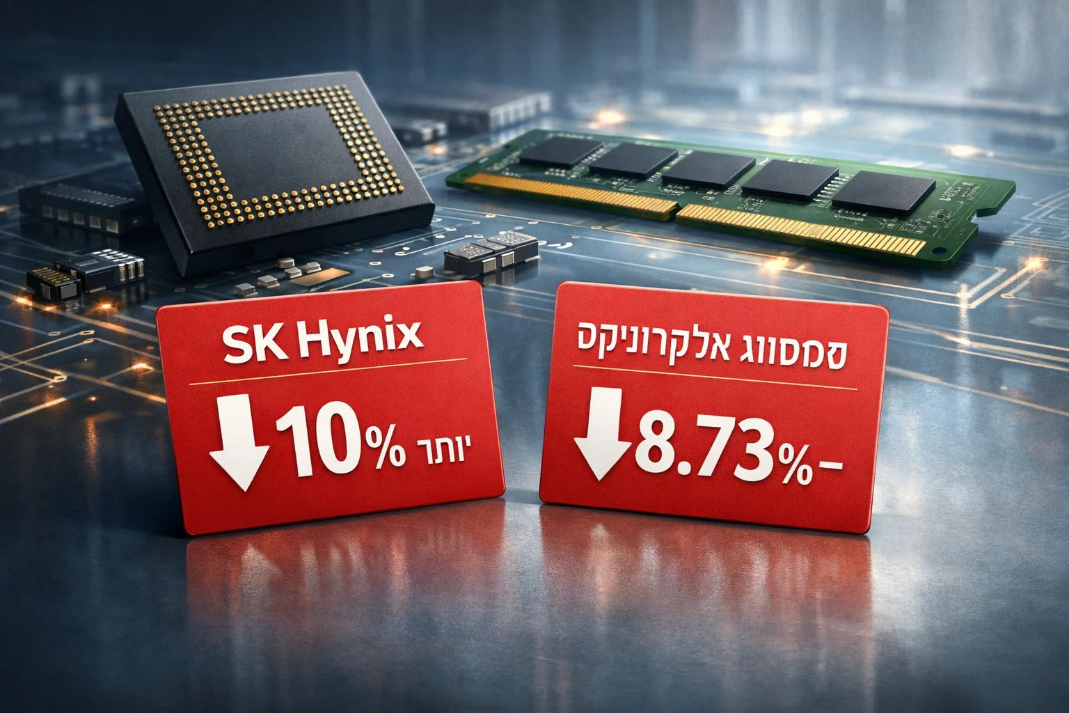 איור להמחשה: איור אינפוגרפי של שבבי זיכרון מופשטים ולצדם שני כרטיסי ירידה נפרדים: SK Hynix יותר מ־10%, סמסונג אלקטרוניקס 8.73%. שמות בטקסט בלבד, ללא לוגואים משוחזרים או צילום מפעל.