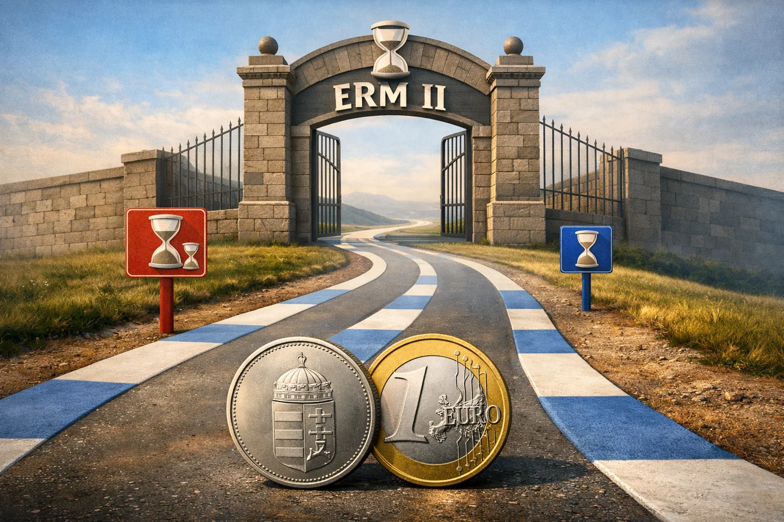 איור להמחשה: איור מושגי של שער מסומן ERM II ובו מסלול פורינט מול יורו, עם סימון של לפחות שנתיים; ללא צילום מדומה של מוסד או אירוע.