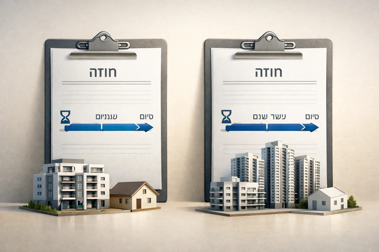 איור להמחשה: איור אינפוגרפי ללא אנשים: שני לוחות חוזה נפרדים, האחד עם ציר זמן של שנתיים והשני עם ציר זמן של עשר שנים. לצדם דגמי דירות מופשטים, ללא הדמיית הפרויקטים עצמם.