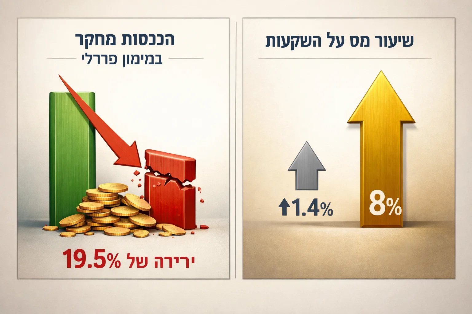 איור להמחשה: איור AI סכמטי בשני לוחות נפרדים: הכנסות המחקר במימון פדרלי עם ירידה של 19.5% ל־$509 מיליון, ושיעור המס על הכנסות השקעה עם מעבר מ־1.4% ל־8%. ללא מבנה מעבדה או אירוע מומצא.