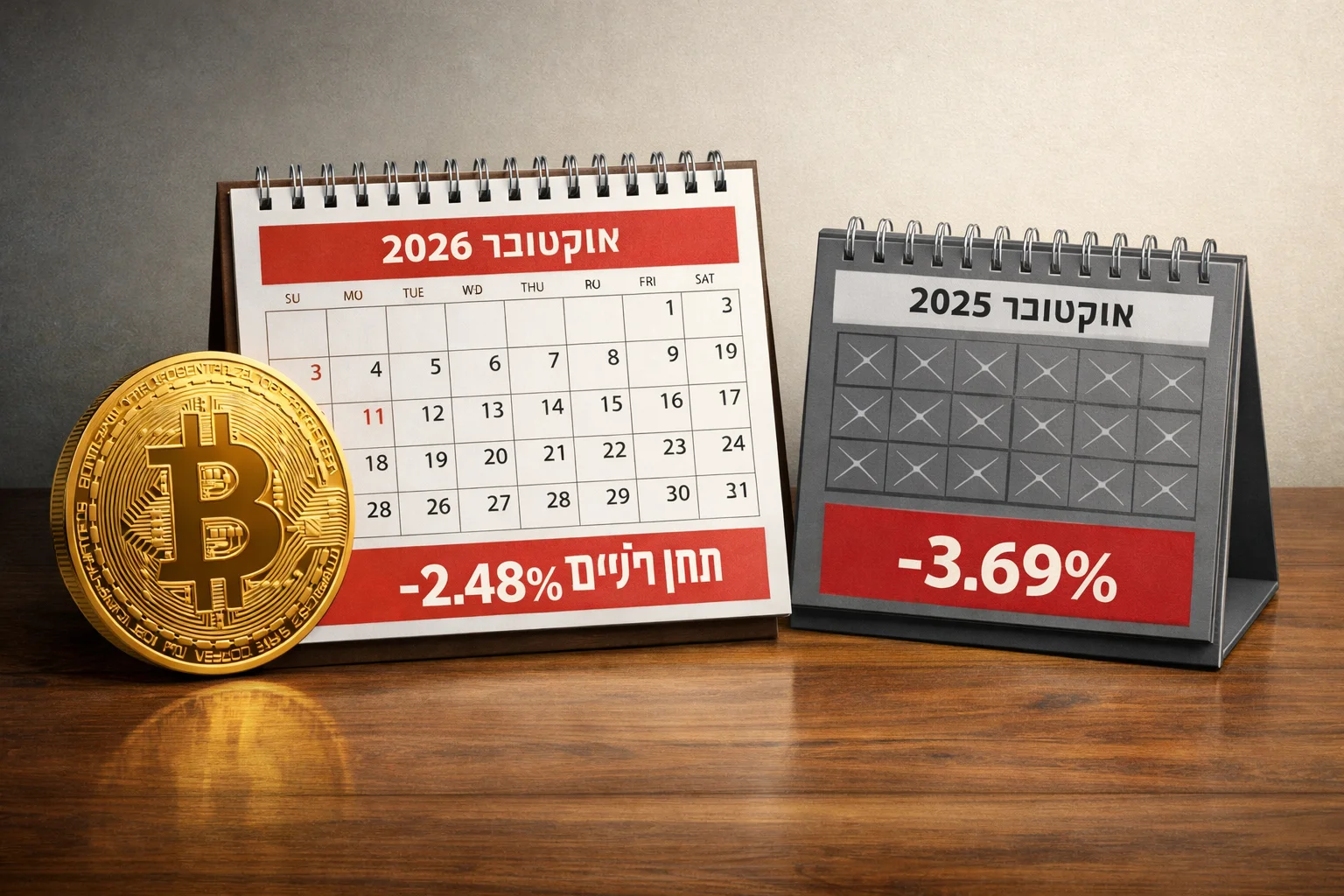 איור להמחשה: איור מערכתי שטוח ללא אנשים: סמל ביטקוין לצד לוח אוקטובר 2026 פתוח, עם הכיתוב ״נתון ביניים: -2.48%״. לצדו משבצת סגורה של אוקטובר 2025 עם -3.69%. אין להציג את החודש הנוכחי כסגור או ליצור צילום מסך של מערכת מסחר.