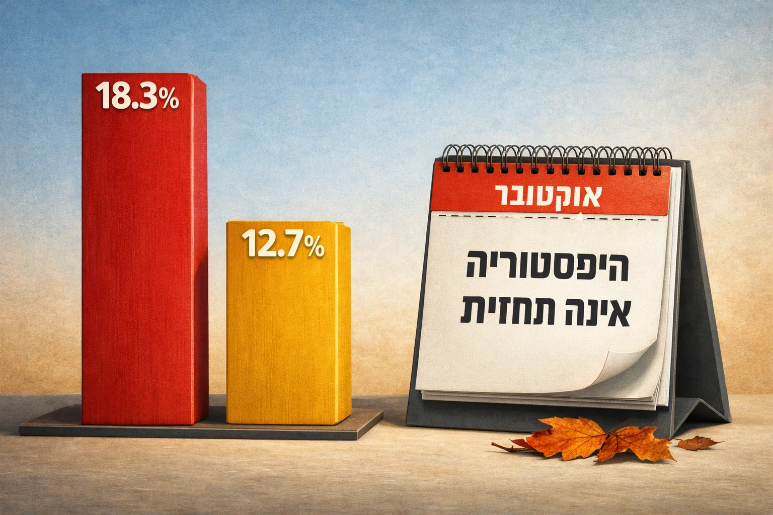 איור להמחשה: איור אינפוגרפי ללא אנשים: שתי עמודות נפרדות, ממוצע אוקטובר 18.3% וחציון אוקטובר 12.7%, לצד כרטיס לוח שנה עם הכיתוב ״היסטוריה אינה תחזית״. אין להמציא סדרת נתונים או גרף מחיר.