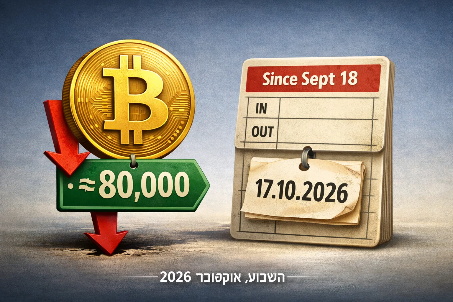 איור להמחשה: איור טיפוגרפי ללא אנשים: סמל ביטקוין מעל סמן מחיר ״סביב $80,000״, ולצדו כרטיס זמן ״השפל מאז 18 בספטמבר״. כותרת קטנה מבהירה שזהו נתון מהשבוע המתואר בפרסום מ־17 באוקטובר 2026. ללא נרות מסחר או נתיב מחיר מומצא.