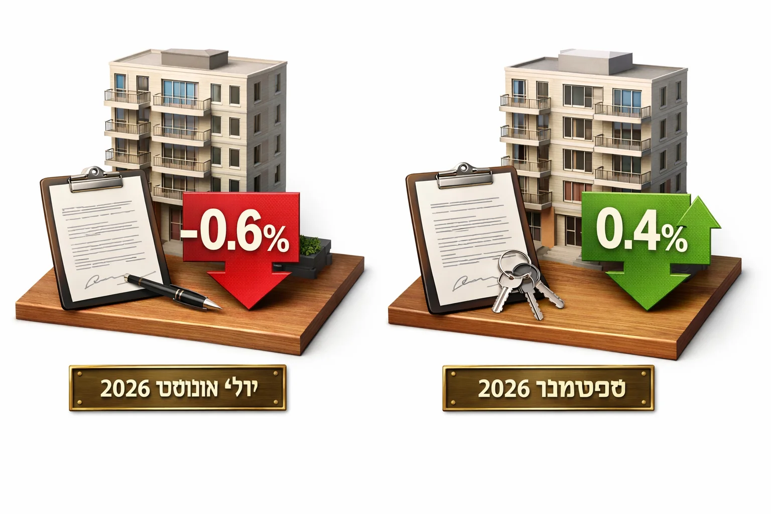 איור להמחשה: איור מערכתי גרפי לא־תיעודי, ללא אנשים: שני דגמי בנייני מגורים, לצד הראשון סמל חוזה רכישה וחץ מטה עם 0.6%, ולצד השני סמל חוזה שכירות וחץ מעלה עם 0.4%. תוויות זמן נפרדות: יולי-אוגוסט 2026 לרכישה וספטמבר 2026 לשכירות.