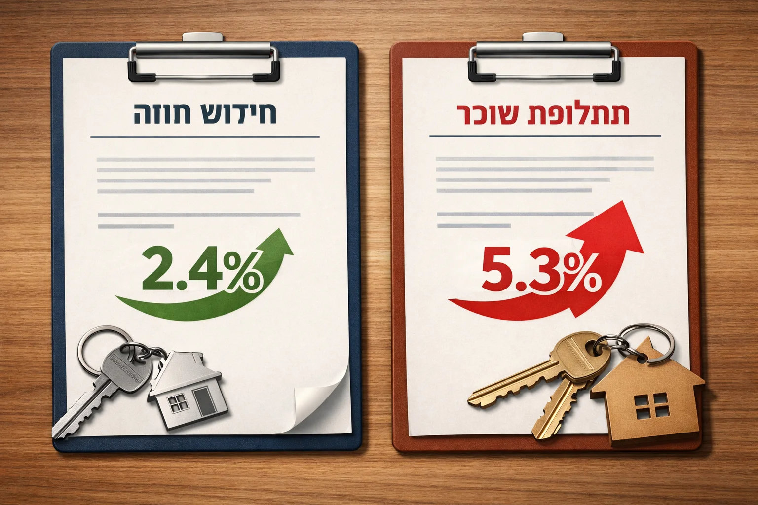 איור להמחשה: איור שטוח ללא אנשים: שני מסמכי שכירות סכמטיים ומפתחות, האחד מסומן חידוש חוזה עם 2.4%, והשני תחלופת שוכר בדירה במדגם עם 5.3%. אין חתימות, פרטים אישיים או חוזה שנראה כמסמך אמיתי.
