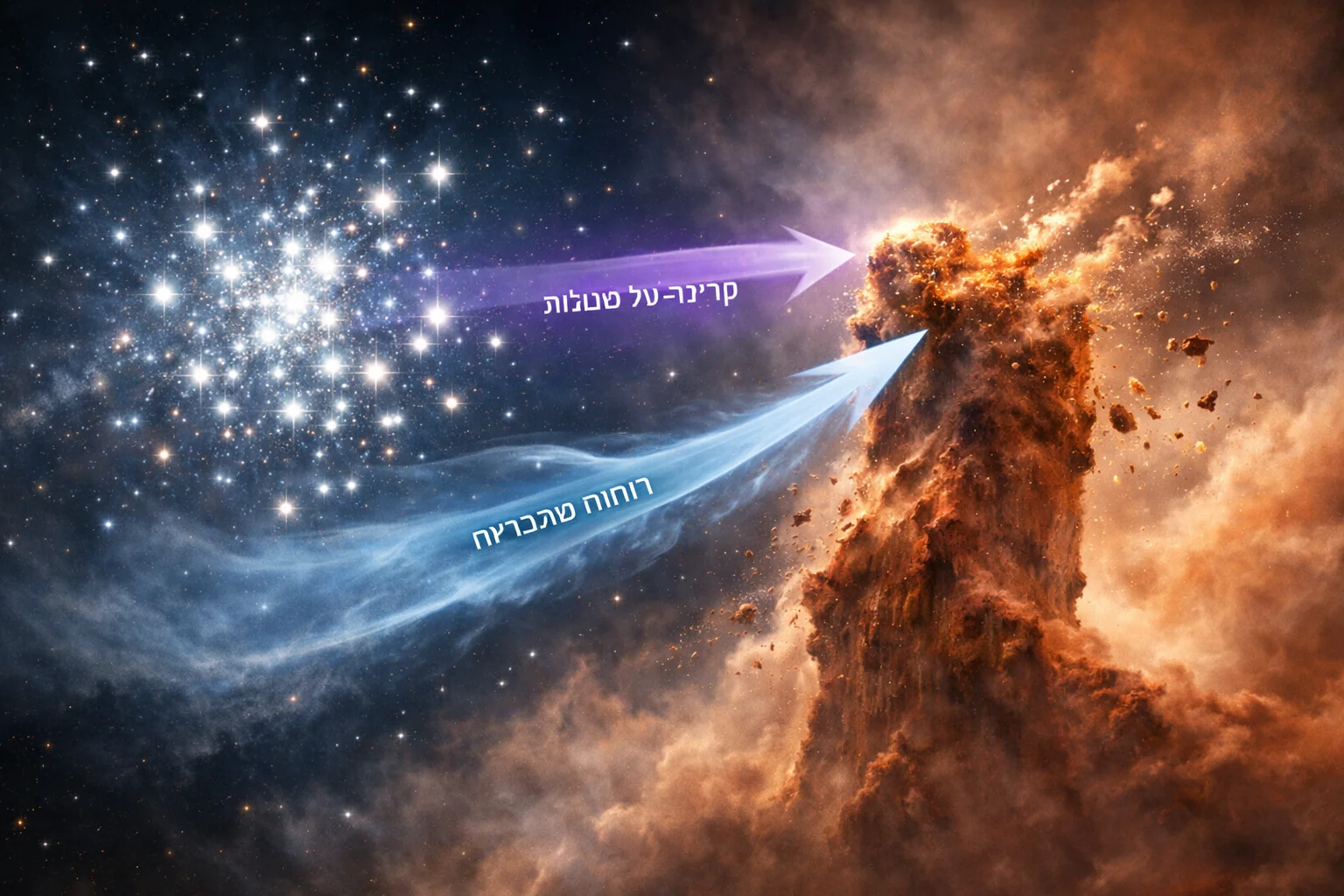 איור להמחשה: תרשים מאויר של צביר כוכבים מסיביים מול שפת עמוד גז ואבק, עם חצים נפרדים המסומנים כקרינה על־סגולה וכרוחות כוכביות. ללא אנשים וללא רצף זמנים מומצא.