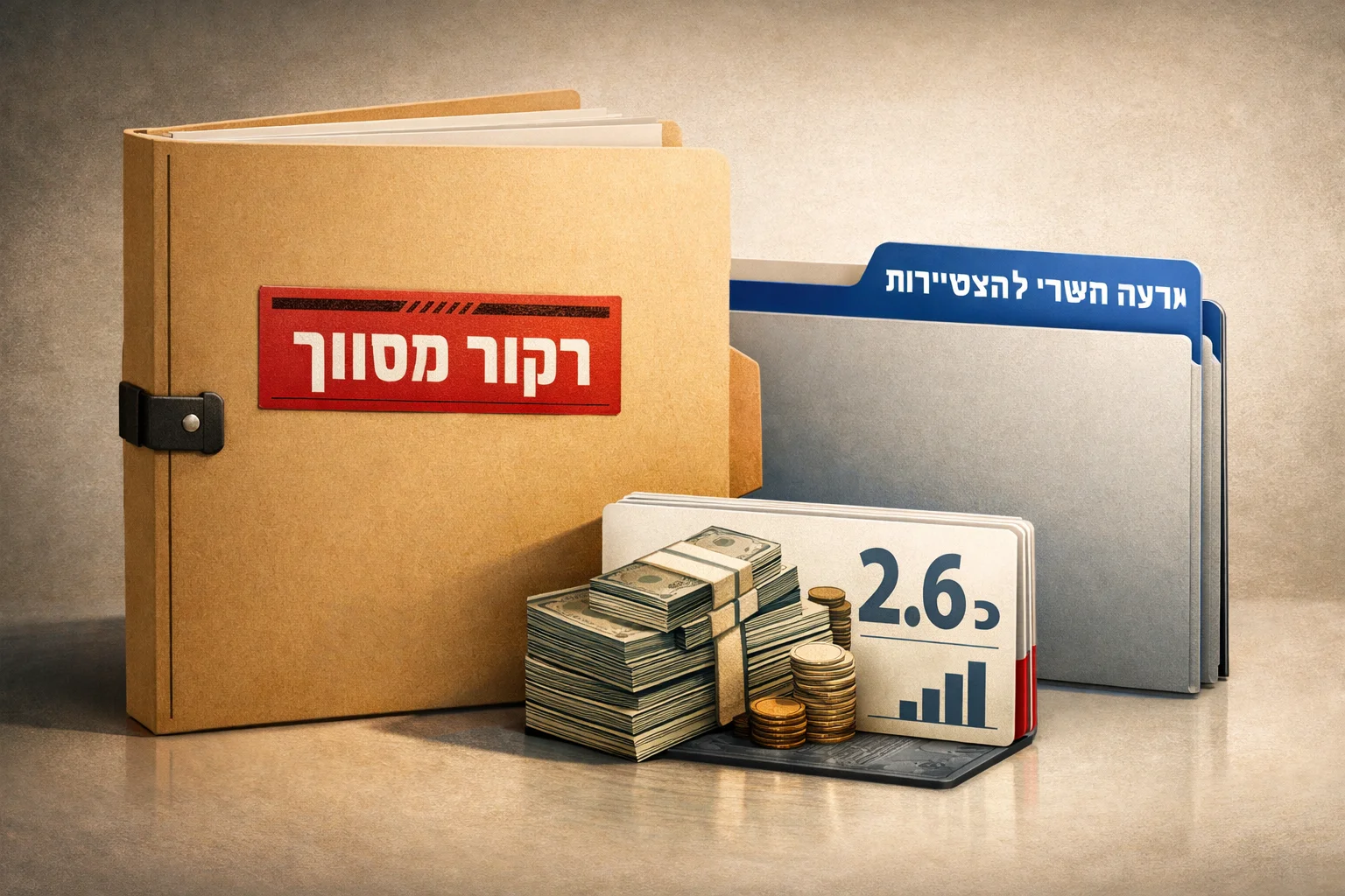 איור להמחשה: איור גרפי של תיקייה אטומה המסומנת רכש מסווג, לצדה כרטיס תקציבי של 2.6 מיליארד שקלים וחוצץ המסומן ועדת השרים להצטיידות. ללא הדמיית מסמך רשמי, חתימות, כלי נשק או אנשים.