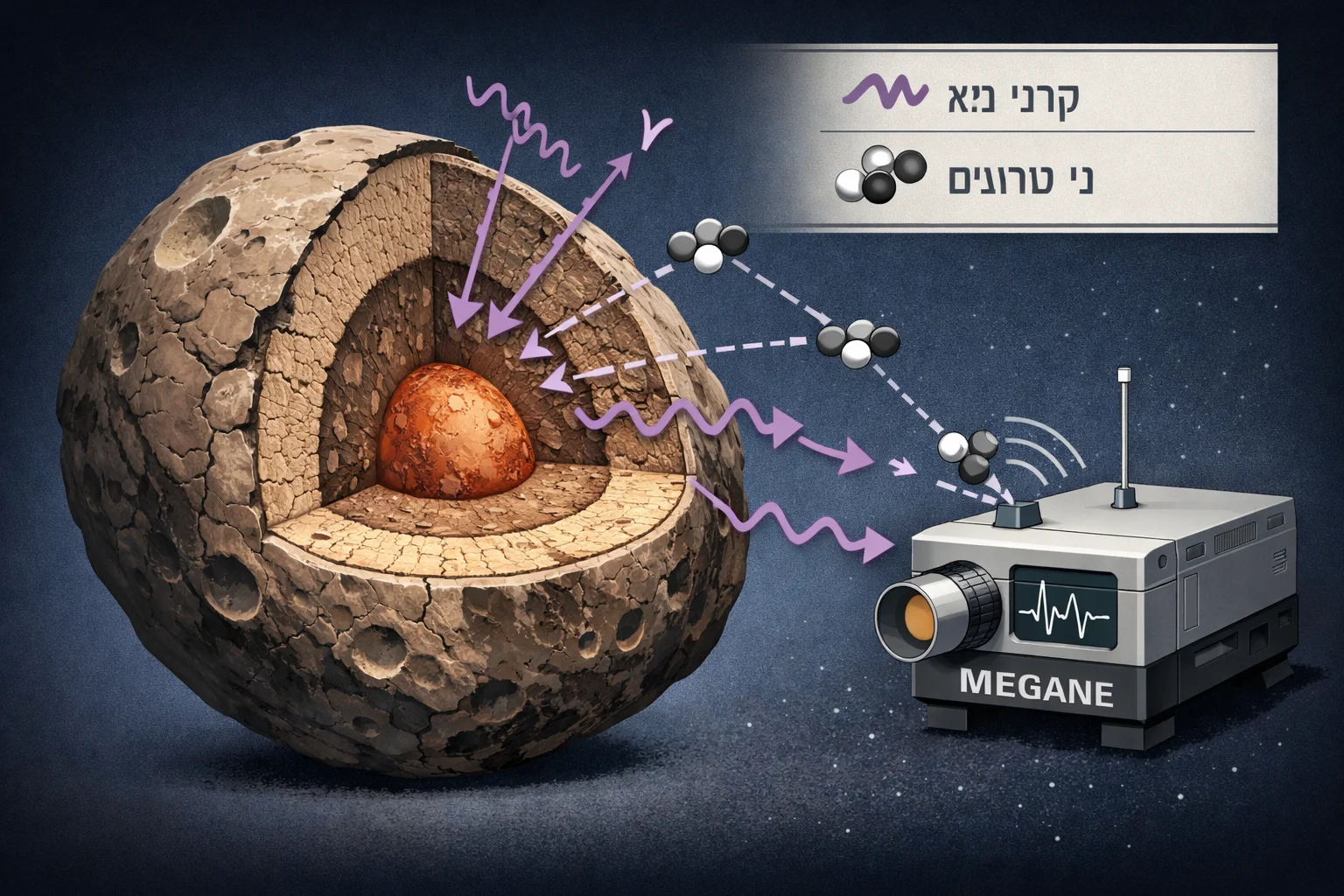 איור להמחשה: איור אינפוגרפי ללא אנשים: חתך מופשט של פני פובוס, סימנים נפרדים לנייטרונים ולקרני גמא המגיעים אל תיבת מדידה המסומנת MEGANE. ללא המצאת צורת המכשיר או נתוני מדידה.