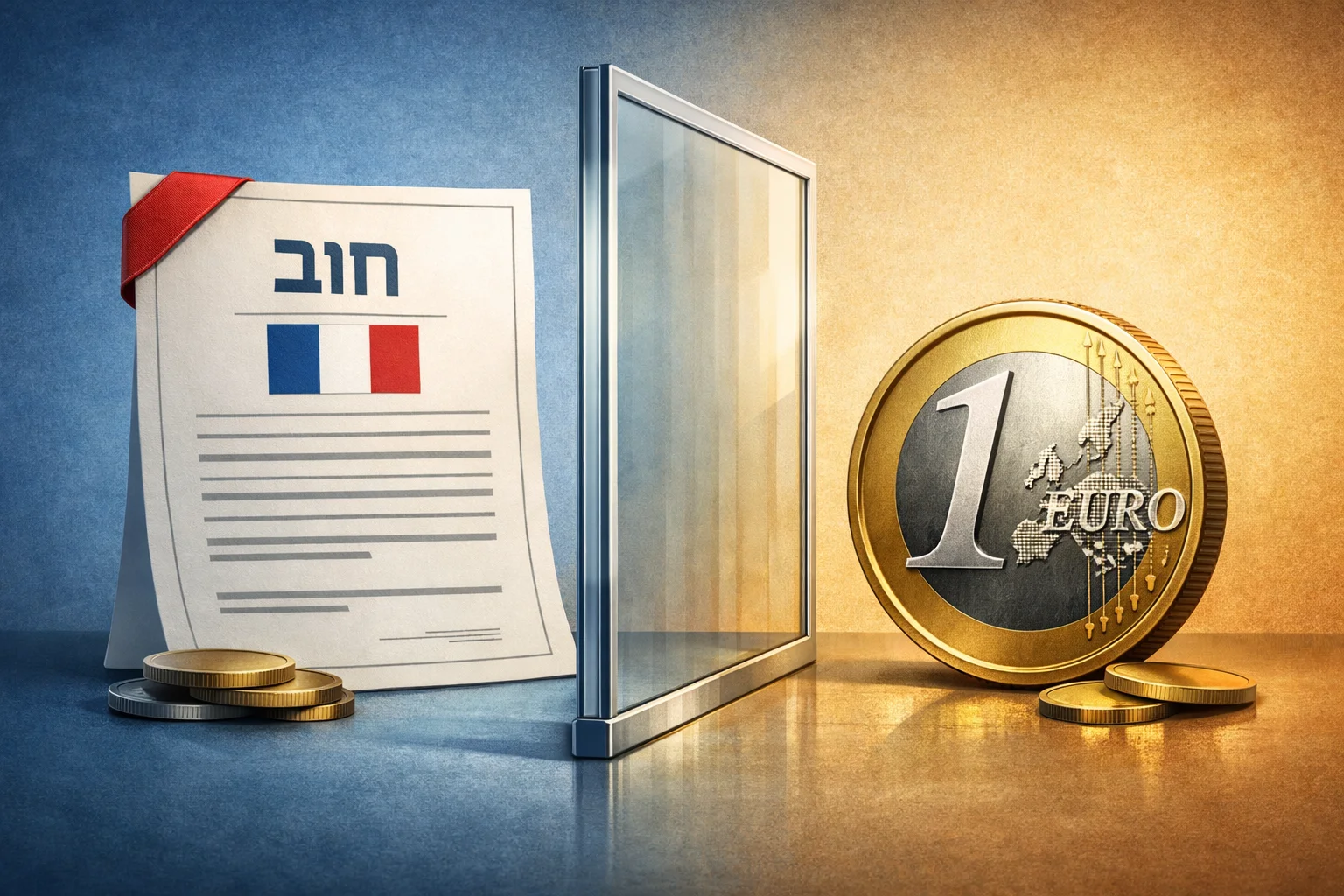 איור להמחשה: איור מושגי ללא אנשים: מסמך חוב המסומן צרפת לצד מטבע המסומן אירו, וביניהם מסגרת המפרידה בין הלווה לבין הנפקת המטבע. ללא חותמות רשמיות, סכומים או סצנת משבר.