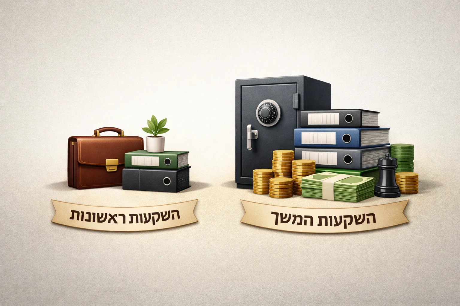 איור להמחשה: איור אינפוגרפי ללא אנשים של תיקי השקעות מופשטים בשתי קבוצות: השקעות ראשונות 35.5% והשקעות המשך כ־65%. עיצוב שטוח ולא תיעודי, ללא מותגים.