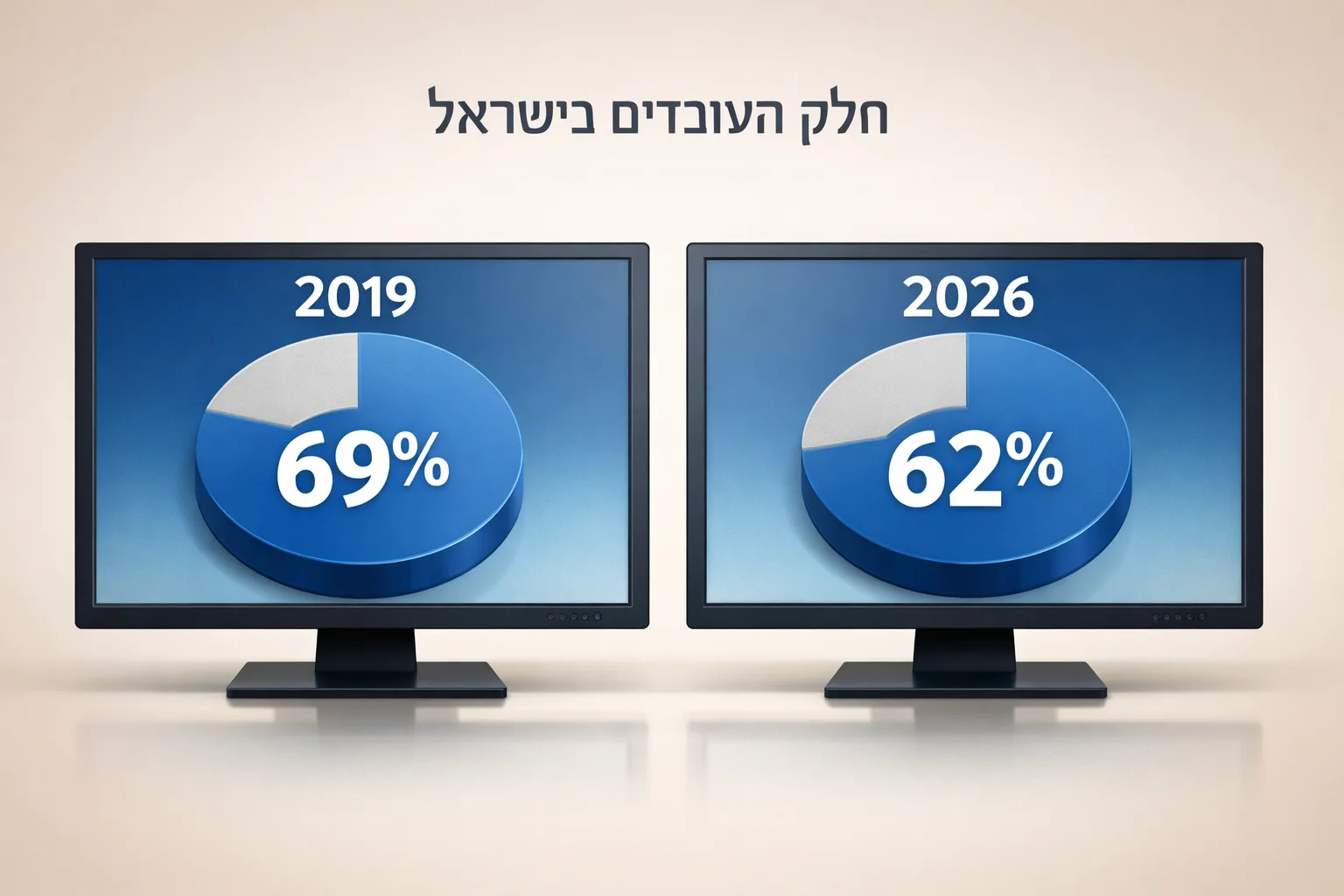 איור להמחשה: איור נתונים ללא אנשים: שני צגי מחשב מופשטים המציגים 2019 — כ־69% ו־2026 — כ־62%, תחת הכותרת חלק העובדים בישראל. ללא משרד מצולם, דמויות או סימני חברה.