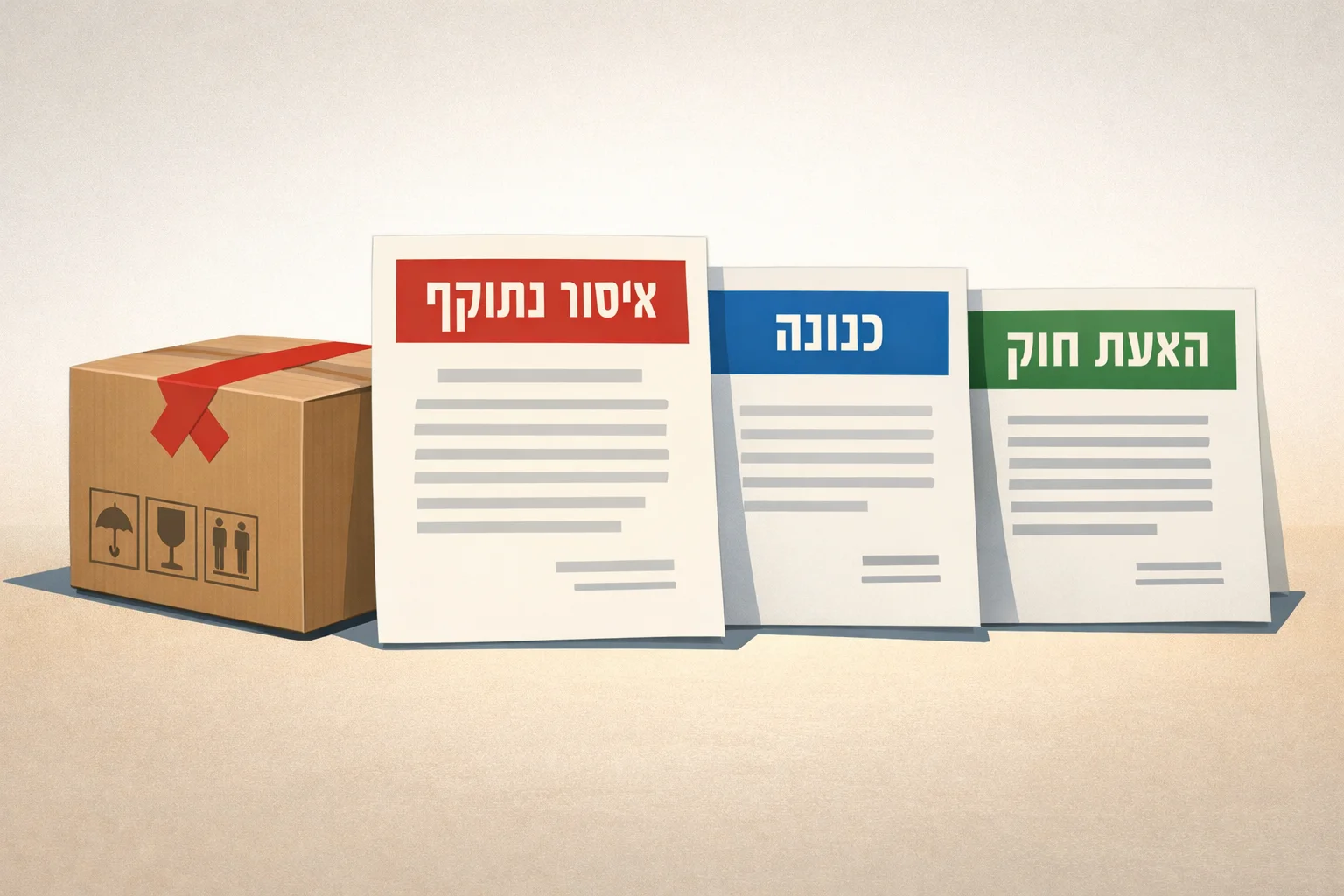 איור להמחשה: איור אינפוגרפי ללא אנשים: שלושה מסמכים נפרדים שכותרותיהם איסור בתוקף, כוונה והצעת חוק, לצד ארגז יבוא סכמטי. עיצוב שטוח ומובהק, ללא חותמות רשמיות מומצאות.