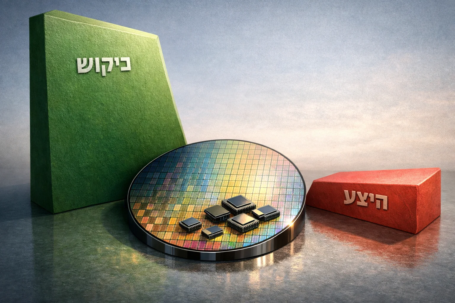 איור להמחשה: איור מערכתי מופשט בתלת־ממד של פרוסת סיליקון ושבבים מול שני משטחים לא שווים המסומנים ביקוש והיצע. ללא מספרים, אנשים או סימני מסחר; לא צילום מפעל ולא תיעוד אירוע.