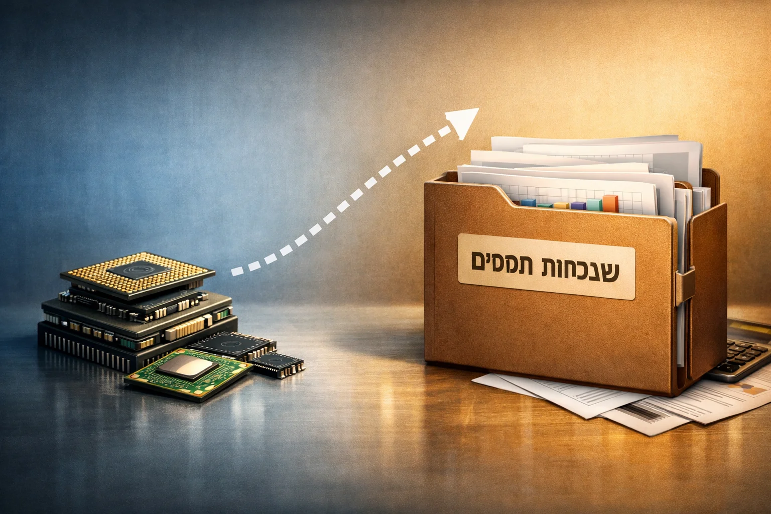 איור להמחשה: איור מושגי של שבבים לצד תיק מסמכים המסומן הכנסות ממסים, עם חץ מקווקו ביניהם המסומן תחזית. ללא סכומים, חותמות רשמיות, אנשים או מיתוג.