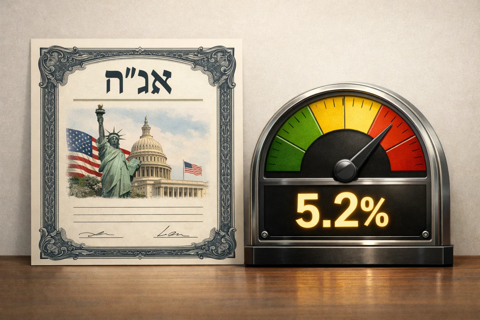 איור להמחשה: איור גרפי ללא אנשים של תעודת אג״ח סמלית ולצדה מד תשואה יחיד עם הכיתוב 5.2% ואג״ח ארה״ב לעשר שנים. אין גרף היסטורי מומצא, חותמת רשמית או תעודה הנחזית למסמך אמיתי.
