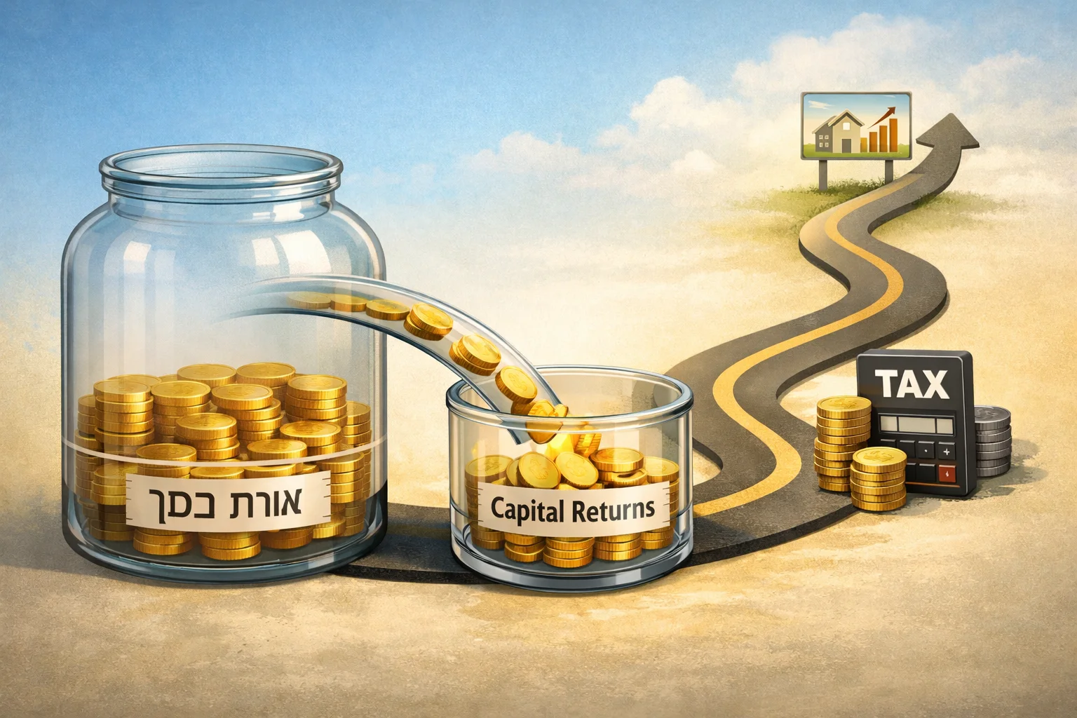 איור להמחשה: איור אינפוגרפי ללא אנשים: כלי שקוף המסומן בסיס עלות, שממנו מועברים אסימונים לתא החזר הון; מסלול נפרד ממשיך לנקודת מכירה עתידית ולסמל מס. ללא סכומים וללא טפסים רשמיים מומצאים.