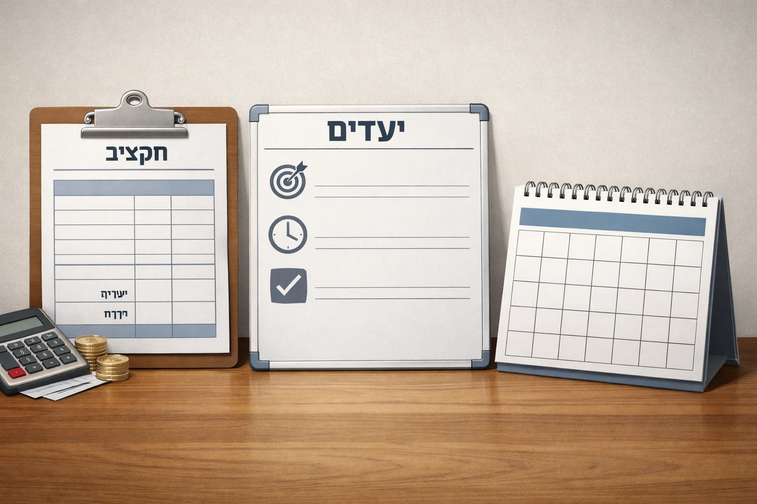 איור להמחשה: איור שטוח של גיליון תקציב לצד לוח יעדים ולוח שנה, עם שדות ללא ערכים מספריים. ללא גרפים הממציאים תוצאות וללא סמלי ממשלה.