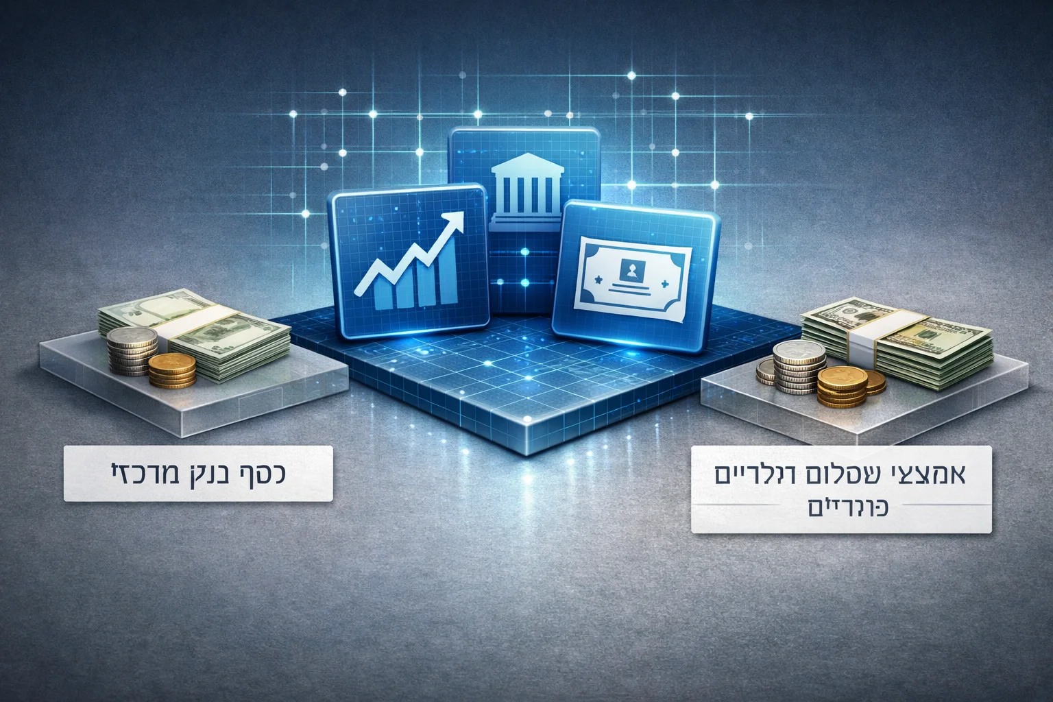 איור להמחשה: איור מערכתי מופשט ללא אנשים: אריחי מניה ואג״ח דיגיטליים במרכז, ולצדם שתי שכבות תשלום נפרדות המסומנות בטקסט פשוט — כסף בנק מרכזי ואמצעי תשלום דולריים פרטיים. ללא לוגואים וללא הדמיית מסך מסחר אמיתי.