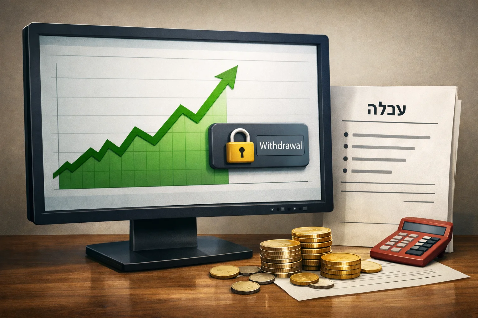 איור להמחשה: איור קונספטואלי של מסך חשבון השקעות בדוי, עם גרף עולה ומנעול על אפשרות המשיכה. לצד המסך דרישת עמלה כללית, בלי סכומים מומצאים ובלי מיתוג. ללא אנשים, ידיים או צלליות.