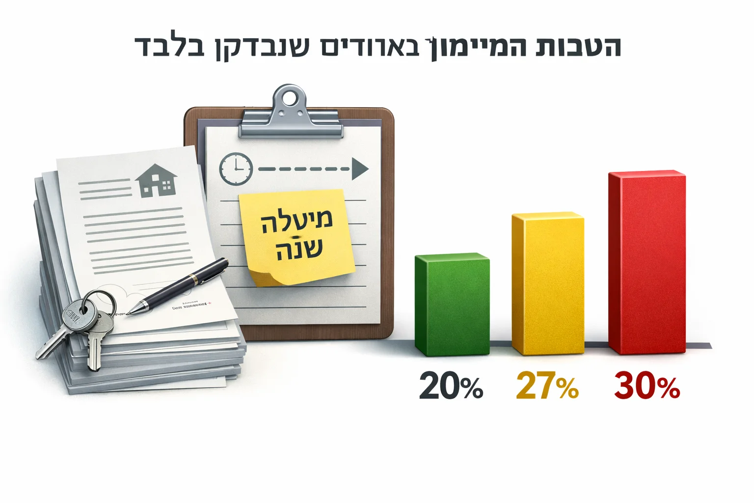 איור להמחשה: איור אינפוגרפי מופשט של חוזי רכישה ולוח מסירה המסומן שנה ומעלה, עם שלושה מדדים: מאי 20%, יולי 27%, אוגוסט 30%.