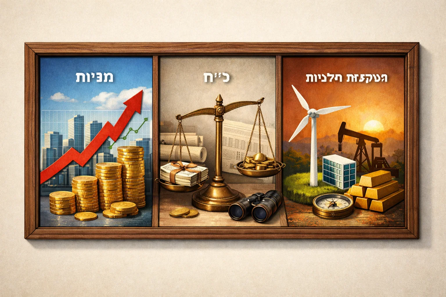 איור להמחשה: איור מערכתי ללא אנשים: שלושה תאים נפרדים בתוך מסגרת אחת, עם הכיתובים מניות, אג״ח והשקעות חלופיות. התא החלופי אינו מכסה או מוחק את תא האג״ח; גדלי התאים אינם מייצגים המלצת הקצאה.