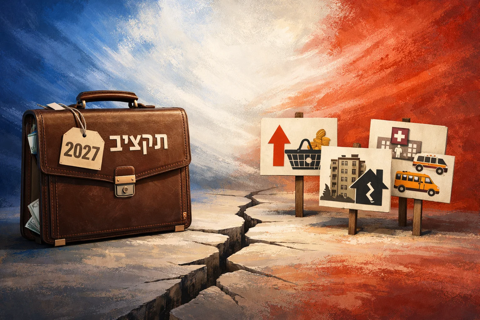 איור להמחשה: איור מערכתי גרפי ולא פוטוריאליסטי: תיק תקציב המסומן 2027 מול שלטי טקסט מונחים, ללא מחזיקים, בנושא יוקר המחיה ושירותים ציבוריים. צבעי דגל צרפת כרקע מופשט; ללא אנשים או חלקי גוף.