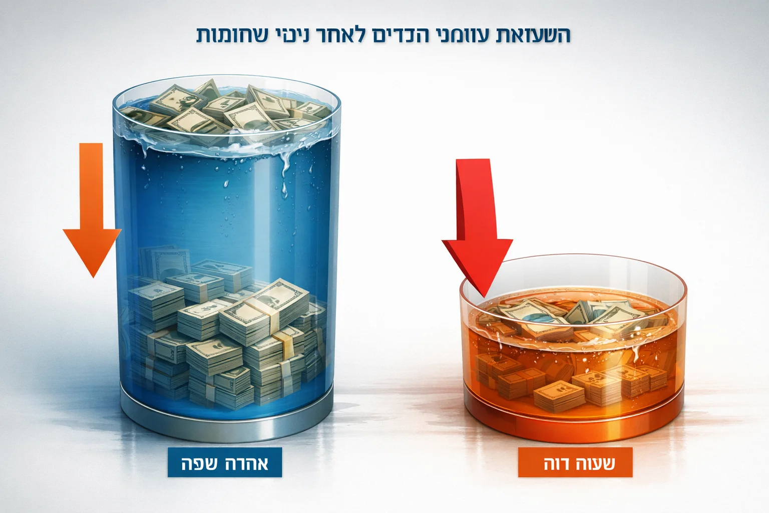 איור להמחשה: איור נתונים של שני מכלים מופשטים המייצגים תזרים לאחר ניכוי תשומות: 988 מיליון שקל מול 418 מיליון שקל, עם תוויות השוואה שנתית.