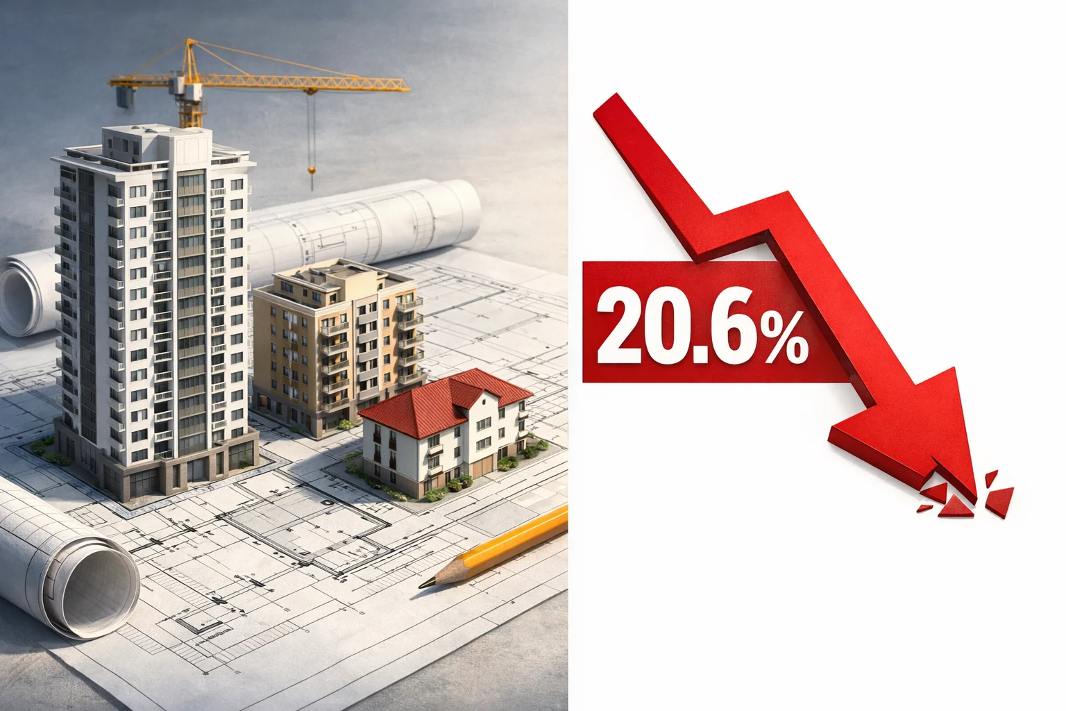 איור להמחשה: איור גאומטרי של מודלים לבנייני מגורים על גבי שרטוט אדריכלי, לצד סימון ירידה של 20.6% בהשקעות בפיתוח נדל״ן בינואר–ספטמבר. ללא אנשים, אתר מזוהה או מראה של צילום אירוע.