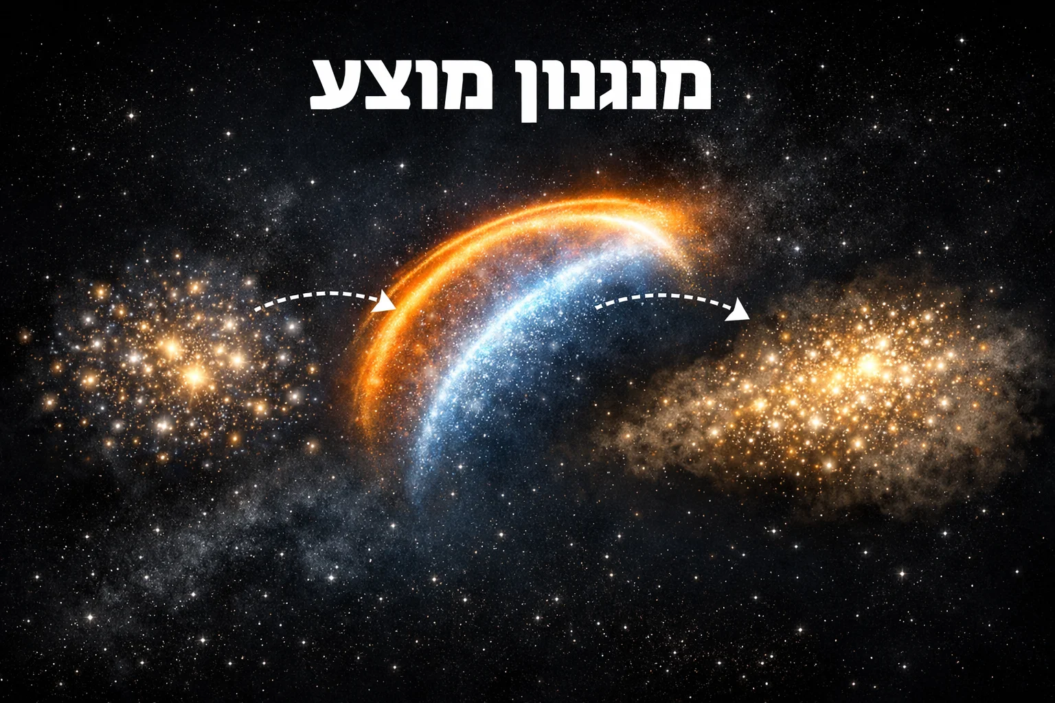 איור להמחשה: תרשים מושגי לא פוטוריאליסטי של שני צבירי גלקסיות כקבוצות נקודות, חזית גל הלם וענן חלקיקים. כותרת ברורה: ״מנגנון מוצע״. ללא אנשים, וללא קביעת גאומטריה או מסלולים אמיתיים.