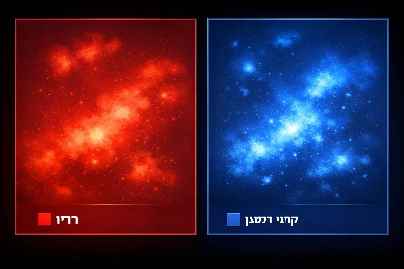 איור להמחשה: אינפוגרפיקה מופשטת עם שתי שכבות שקופות נפרדות: אדומה המסומנת ״רדיו״ וכחולה המסומנת ״קרני רנטגן״. השכבות מובאות זו לצד זו, ללא יצירת מפת שמיים מומצאת וללא אנשים.