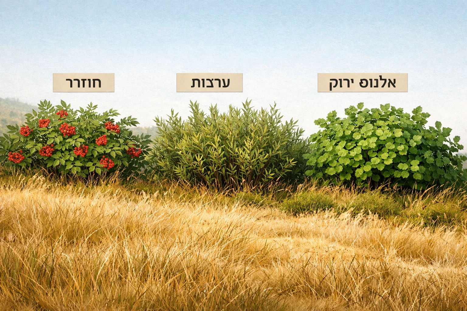 איור להמחשה: איור גרפי של סביבת פולונינה: רצועת עשב בחום בהיר וסבכי שיחים נמוכים לאורך רכס, עם שלוש תוויות טקסט לצמחי הסביבה — חוזרר, ערבות ואלנוס ירוק. ללא אנשים וללא שחזור של מקום מצולם.
