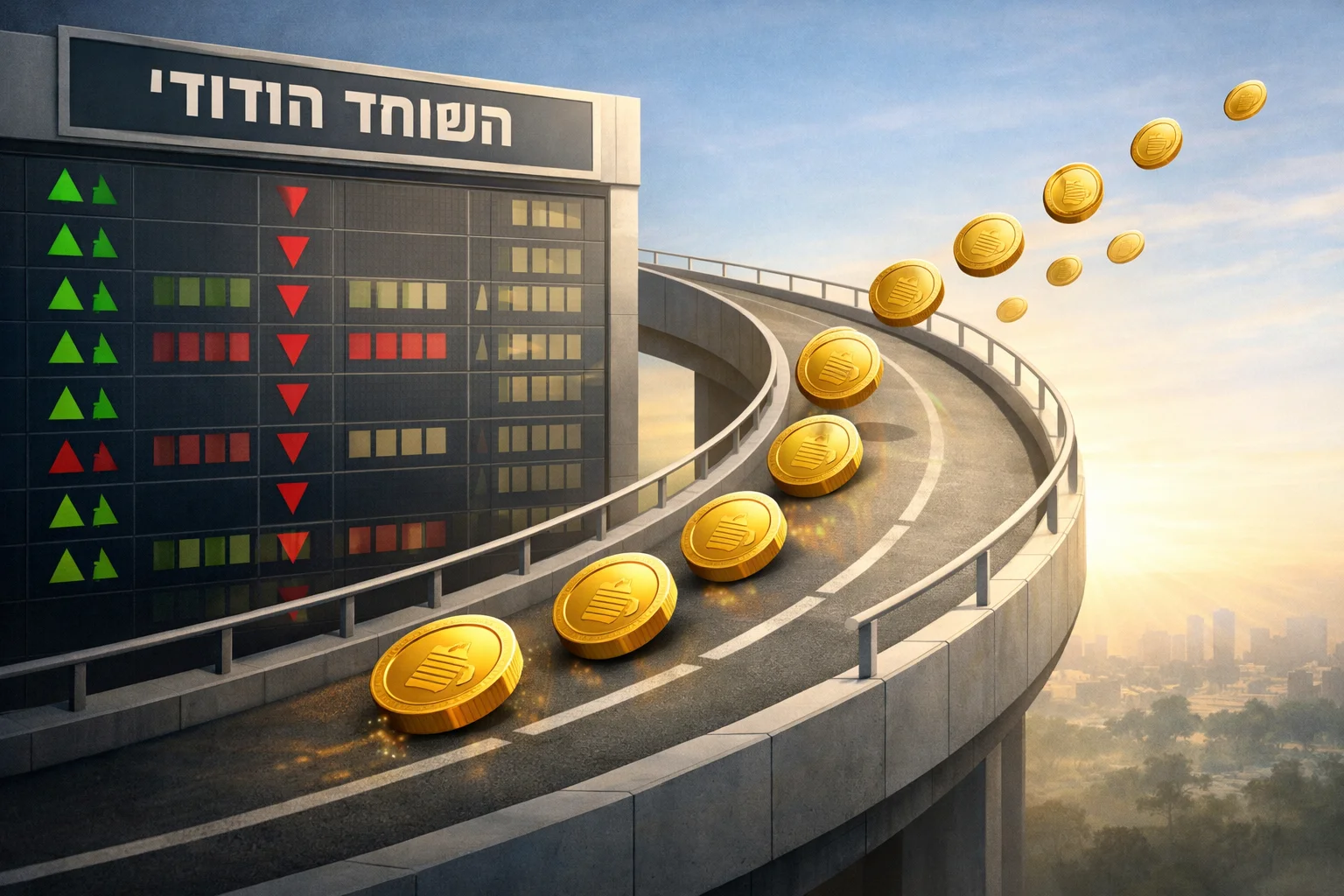 איור להמחשה: איור מערכתי מופשט ללא אנשים: לוח מסחר המזוהה בכיתוב כשוק המניות ההודי, ומסלול פתוח ליציאת אסימוני השקעה. ללא גרף ירידות וללא מצג של אירוע מצולם.