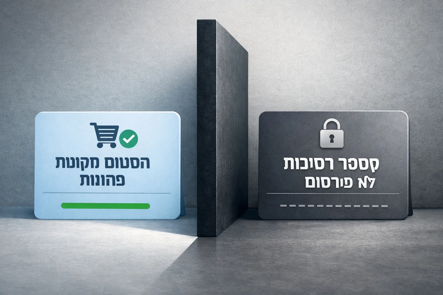 איור להמחשה: איור אינפוגרפי לא פוטוריאליסטי: כרטיס המסומן הזמנות מקוונות פתוחות מול כרטיס המסומן מספר ההזמנות לא פורסם, וביניהם מפריד ברור. ללא מספרי הזמנות, גרפי צמיחה או אנשים.