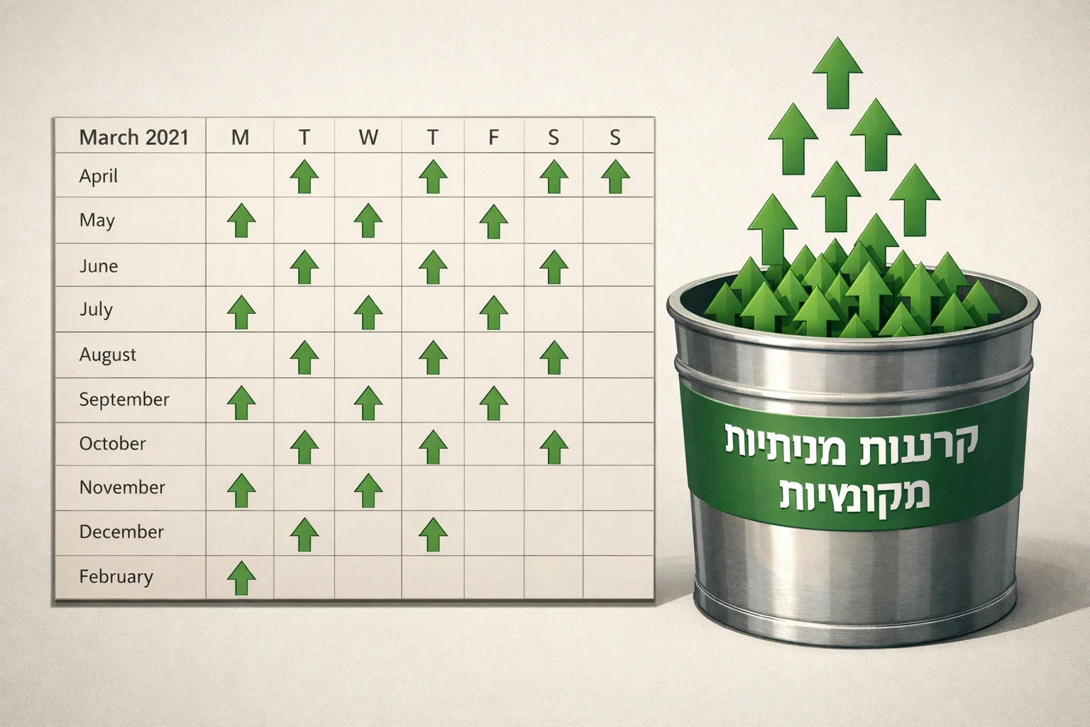 איור להמחשה: איור גרפי ללא אנשים של לוח חודשים רציף ולצדו כלי איסוף המסומן קרנות מנייתיות מקומיות. סימני כניסה חוזרים ללא גבהים מספריים או השוואת היקפים.