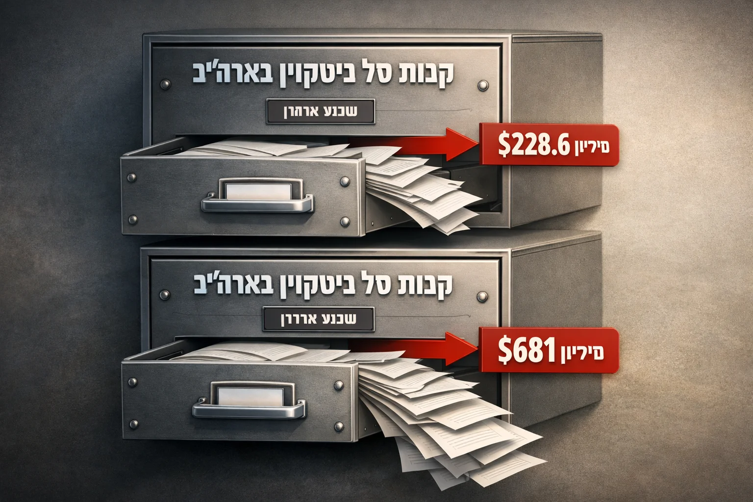 איור להמחשה: איור אינפוגרפי של שתי מגירות נתונים המסומנות קרנות סל ביטקוין בארה״ב, עם חצים יוצאים ותוויות: השבוע הקודם $228.6 מיליון, והשבוע שלפניו $681 מיליון. ללא מותג קרן, אנשים או מסמכים הנחזים לאמיתיים.