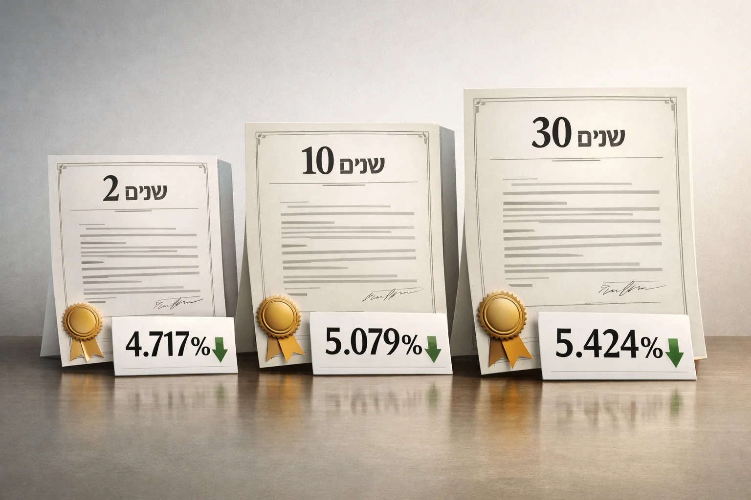 איור להמחשה: איור מערכתי גרפי, ללא אנשים: שלושה מסמכי אג״ח מופשטים המסומנים 2, 10 ו־30 שנים, ולצדם התשואות 4.717%, 5.079% ו־5.424% עם חצים קטנים כלפי מטה. ללא גרף היסטורי מומצא וללא הדמיית מסך מסחר אמיתי.