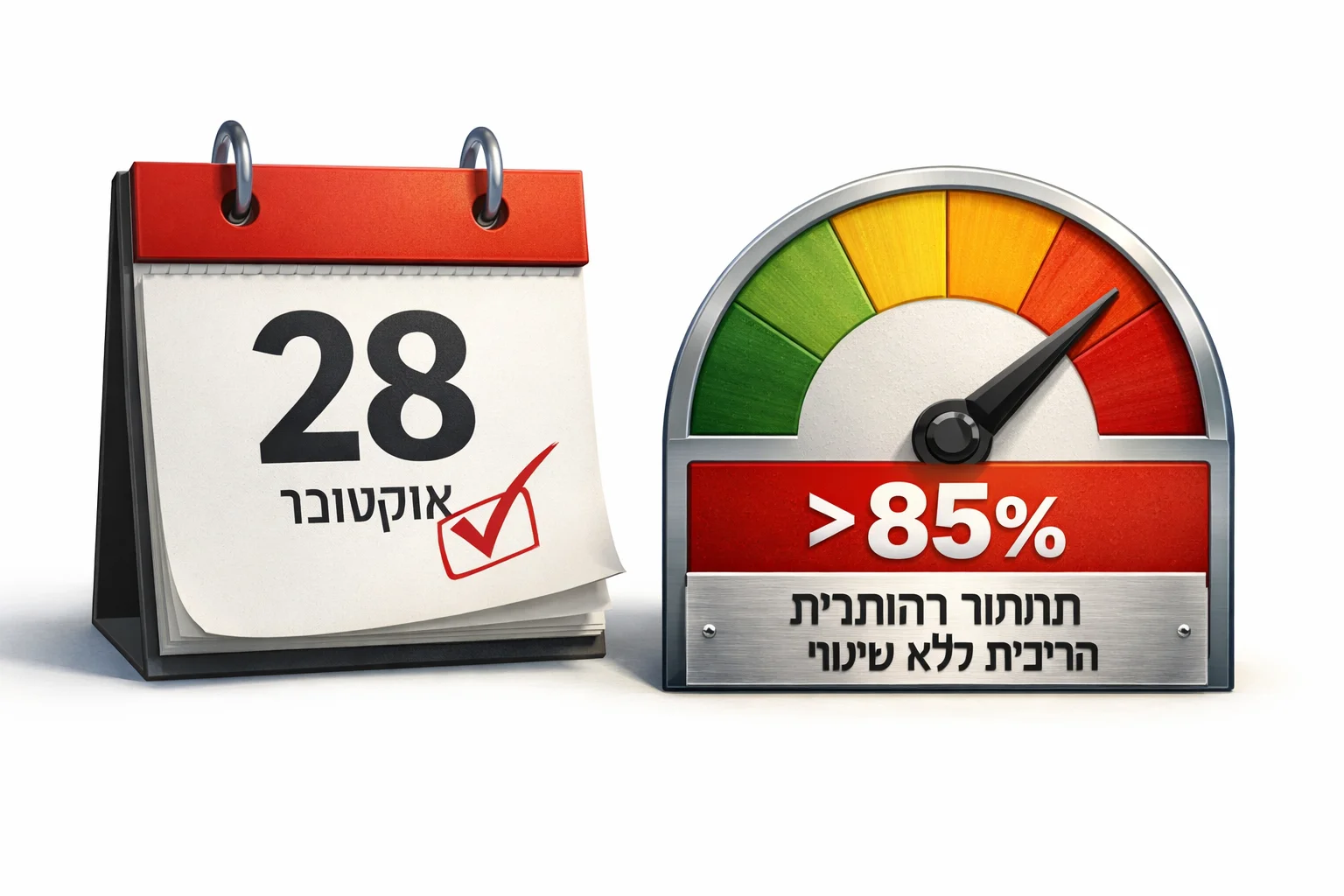 איור להמחשה: איור גרפי ללא אנשים: דף לוח שנה המסומן 28 באוקטובר, לצדו מד הסתברות שעליו כתוב יותר מ־85% והכיתוב ״תמחור להותרת הריבית ללא שינוי״. ללא סמלים תאגידיים או מראה של הודעה רשמית.