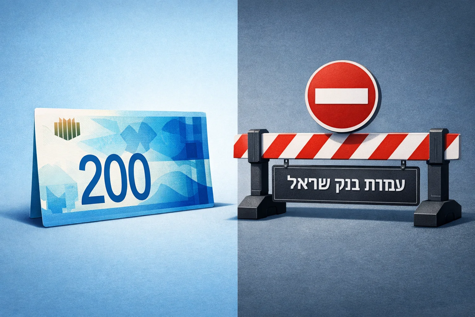 איור להמחשה: איור מערכתי שטוח ללא אנשים: כרטיס טיפוגרפי עם הכיתוב ״שטר ה-200 שקל״ מול מחסום גרפי המסומן ״עמדת בנק ישראל״. אין לשחזר שטר אמיתי, לוגו או מסמך רשמי.