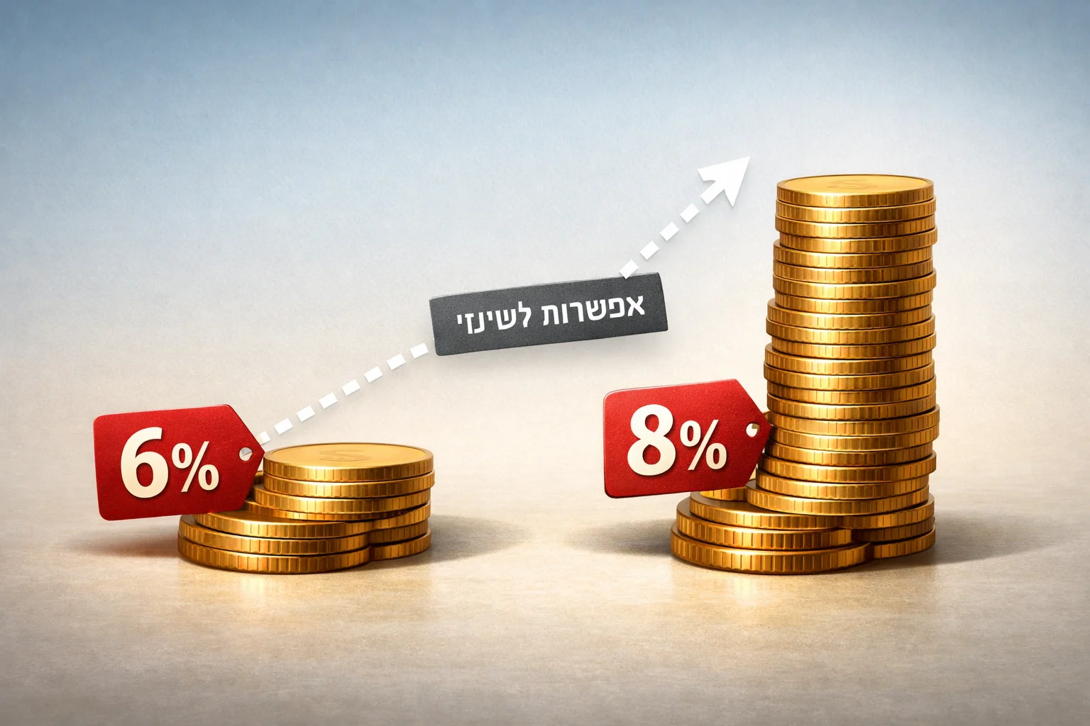 איור להמחשה: איור אינפוגרפי ללא אנשים: שתי ערימות של אסימונים מופשטים לצד תוויות 6% ו-8%, וחץ מקווקו ביניהן שעליו ״אפשרות לשינוי״. ללא מסמכים או סמלי חברות.