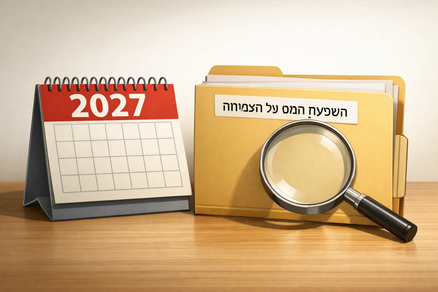 איור להמחשה: איור וקטורי ללא אנשים: לוח שנה מופשט המסומן 2027 ולצדו זכוכית מגדלת מעל תיקייה שכותרתה ״השפעת המס על הצמיחה״. ללא נתונים, גרף מגמה או תוצאות בדיקה מומצאות.
