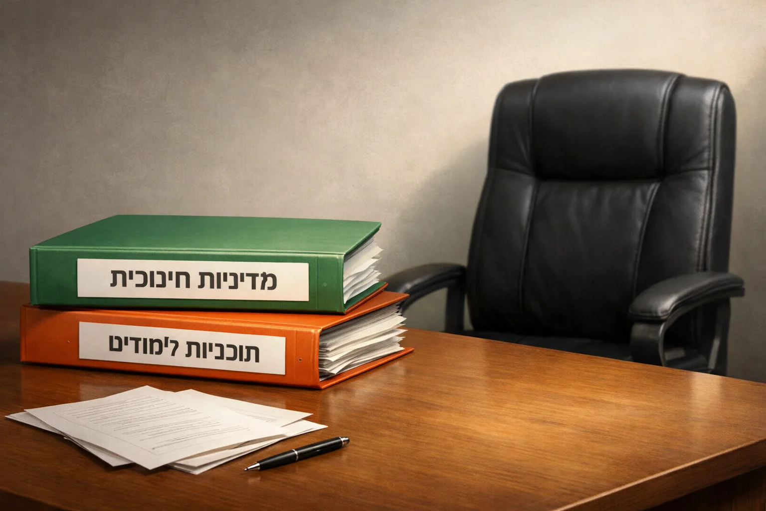 איור להמחשה: איור מערכתי לא־תיעודי ללא אנשים: כיסא ריק ליד שולחן ועליו תיקיות המסומנות ״מדיניות חינוכית״ ו״תוכניות לימודים״. ללא סמל ממשלתי, מסמך פרישה מומצא או שחזור משרד אמיתי.