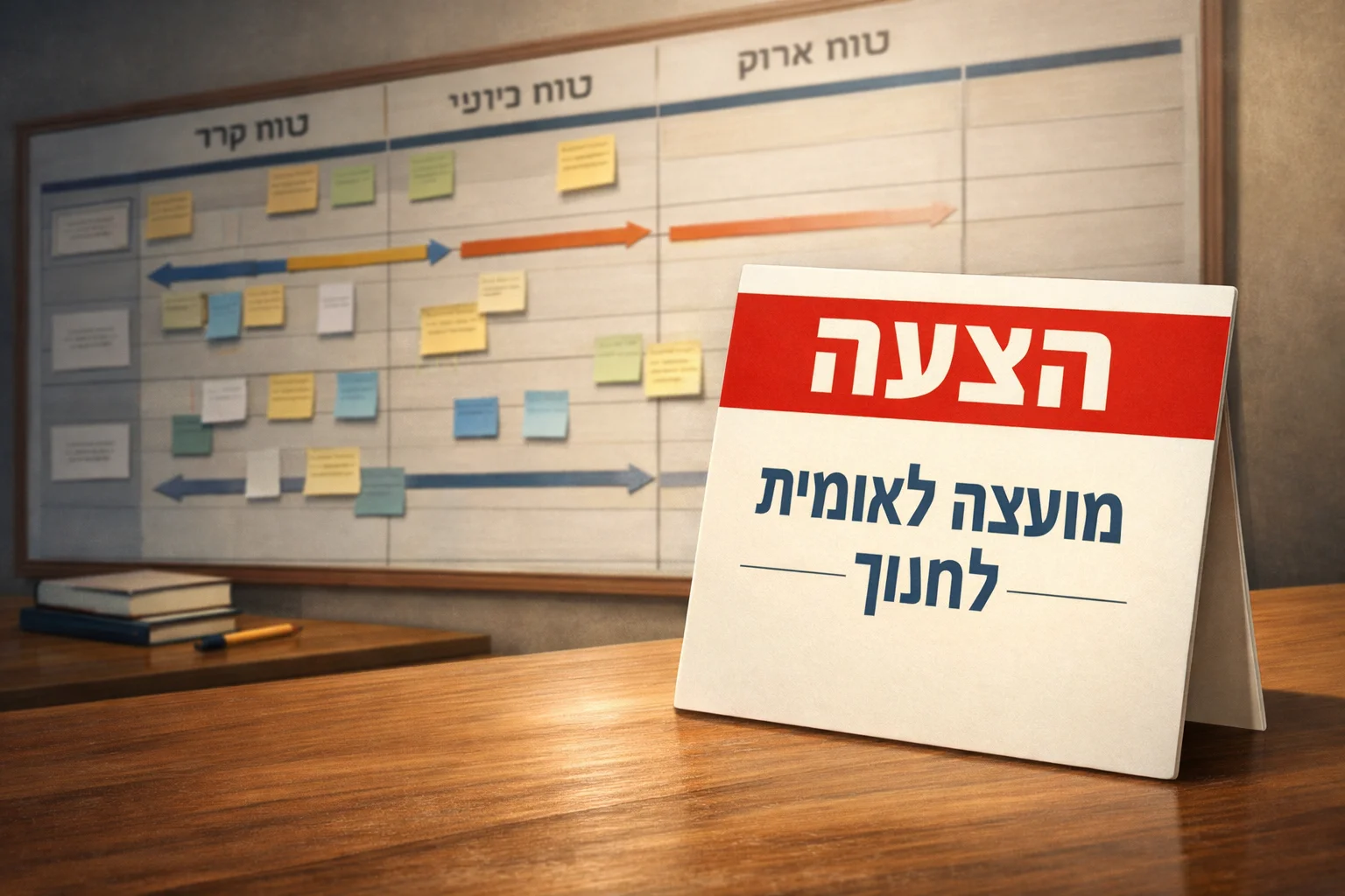 איור להמחשה: איור אינפוגרפי ללא אנשים: לוח תכנון ארוך טווח לצד כרטיס בולט ״הצעה: מועצה לאומית לחינוך״. אין להציג גוף קיים, החלטה מאושרת או מסמך רשמי.