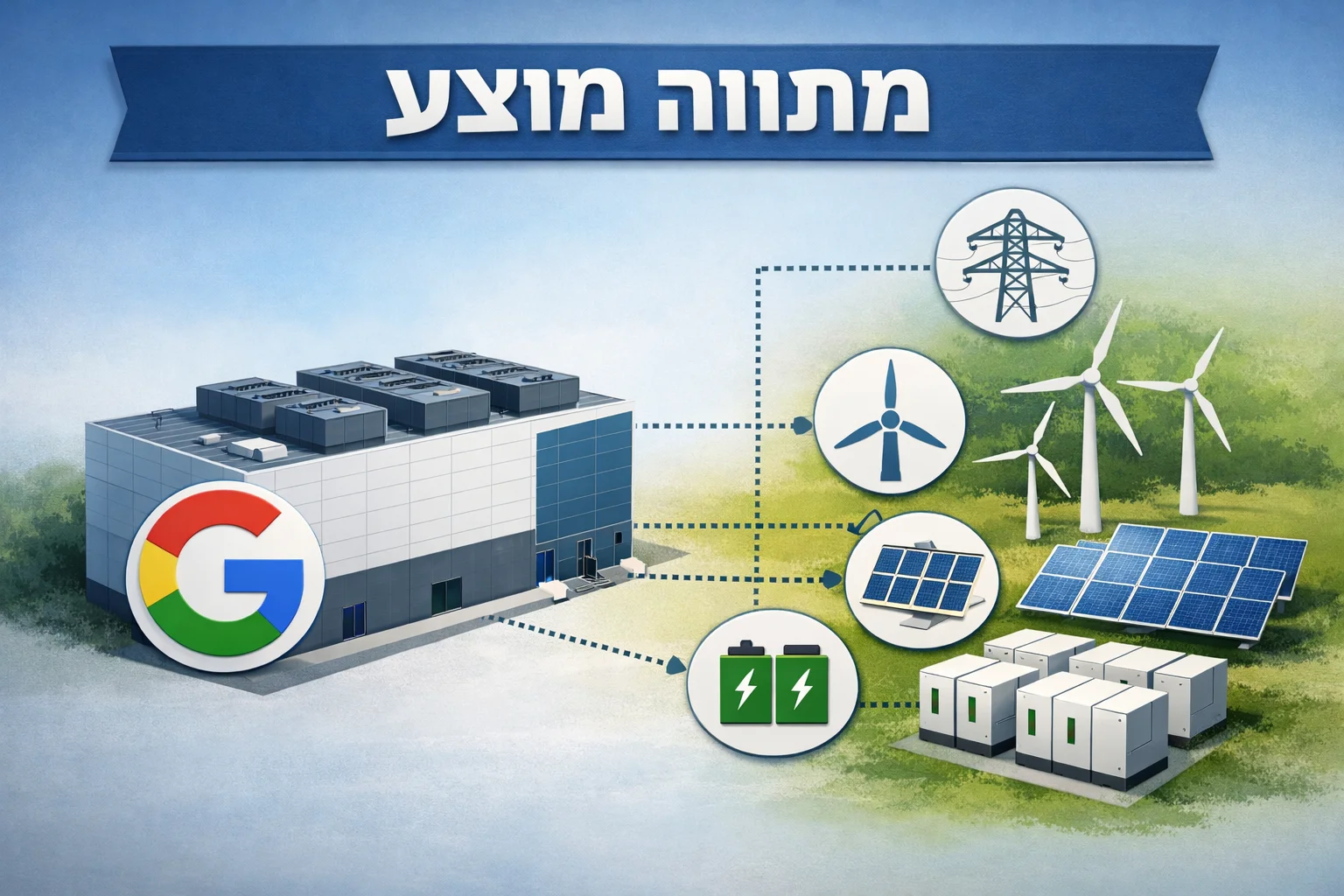 איור להמחשה: איור מערכתי סכמטי ללא אנשים: מבנה מרכז נתונים גנרי המחובר בתרשים לרשת חשמל, לטורבינות רוח, ללוחות שמש ולארונות אגירה. כותרת גרפית: מתווה מוצע. לשלב את לוגו גוגל המקורי כנכס נפרד, ללא שינוי פרופורציות; אין להציג את המבנה כהדמיה